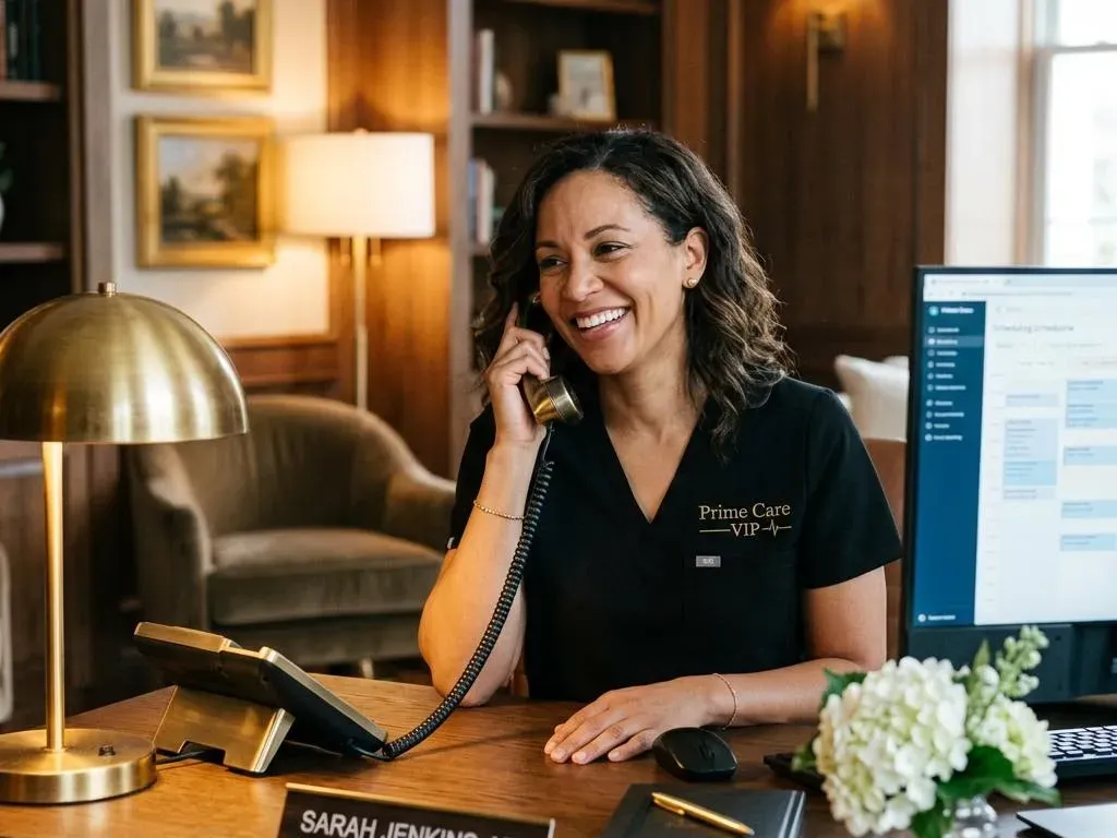 A Prime Care VIP care coordinator in black scrubs answering a member call