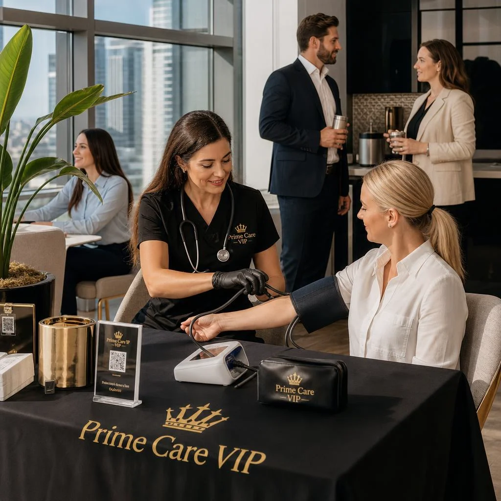 A Prime Care VIP nurse practitioner conducting a workplace wellness screening for employees in a modern office