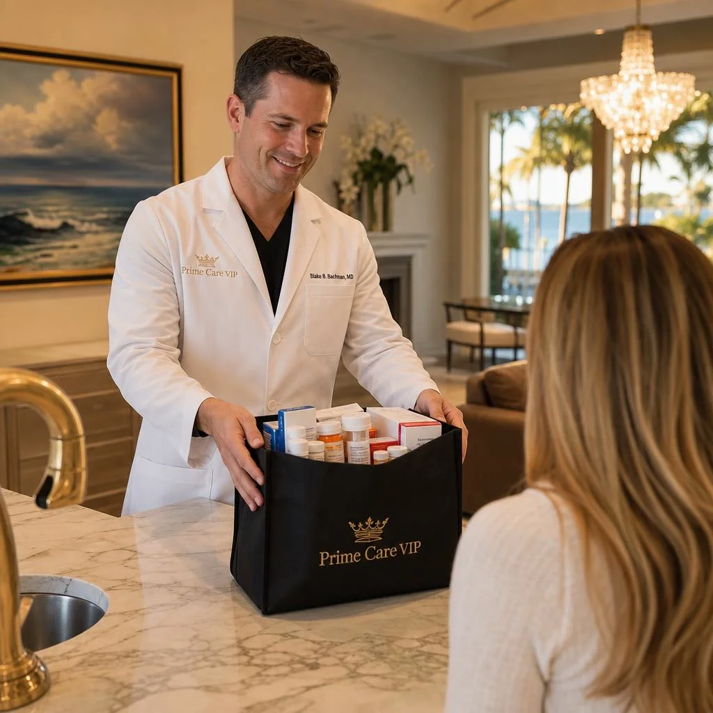 A Prime Care VIP physician placing a bag of free generic medications on a patient's kitchen counter