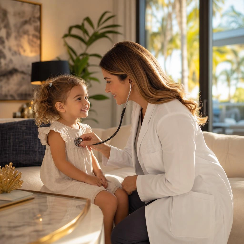 PrimeCare VIP provider examining a young child during a house call visit at home