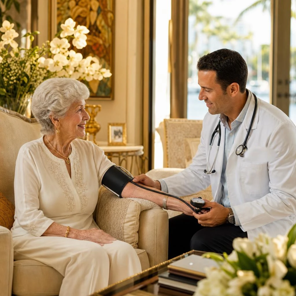 PrimeCare VIP provider performing an in-home checkup with a senior member in their living room