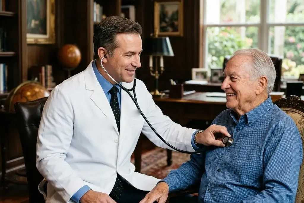 Doctor performing a home visit checkup on an elderly member in their living room