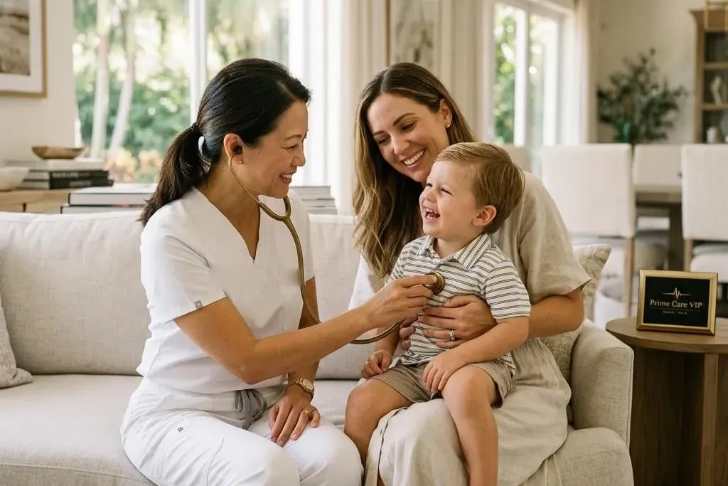 Pediatric nurse practitioner examining a child at home while parent watches