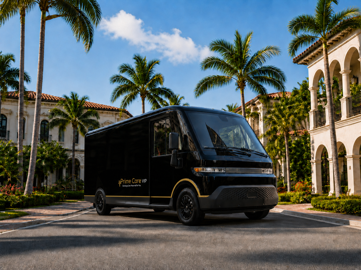 PrimeCare VIP Mobile Medical Office on a palm-lined South Florida street