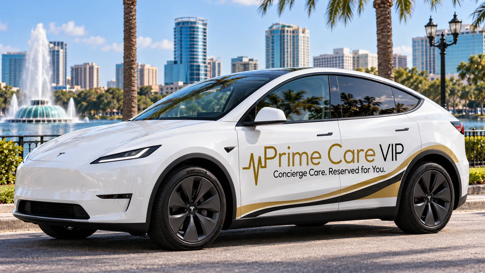 White Tesla with Prime Care VIP gold and black branding beside the lake in Orlando