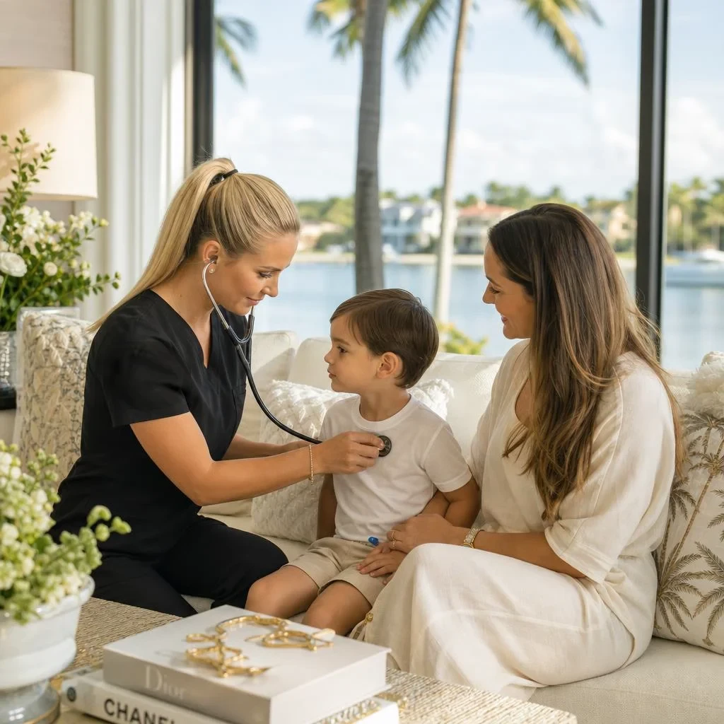 A Prime Care VIP pediatric nurse practitioner gently examining a young child with a stethoscope in a bright Florida living room
