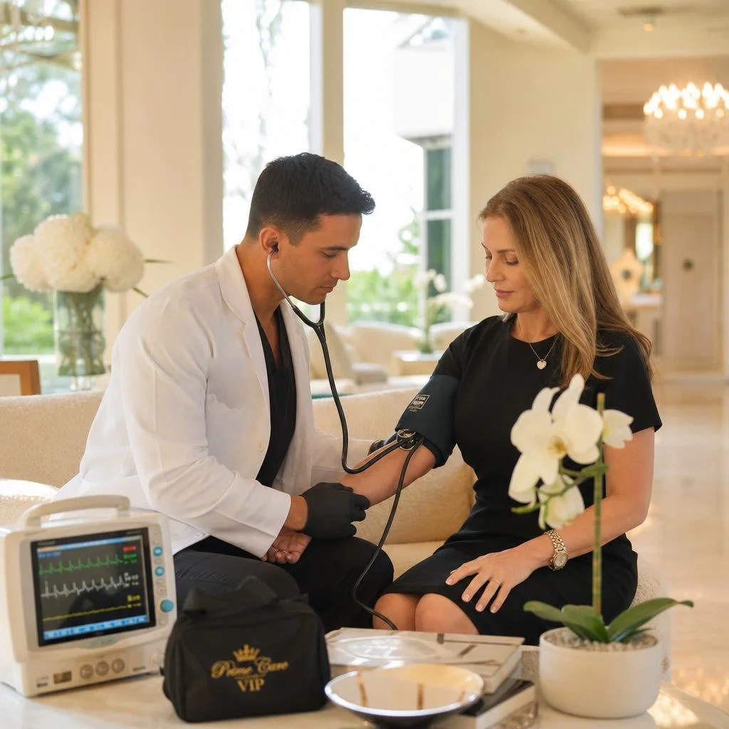 A Prime Care VIP physician performing a pre-operative clearance examination with EKG equipment in a patient's home