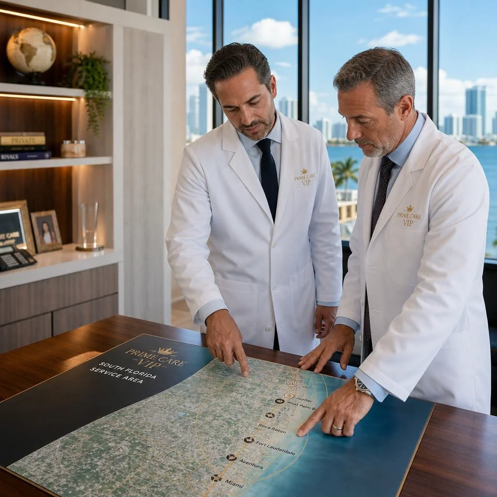 Two Prime Care VIP physicians in white coats reviewing a Florida service area coverage map together