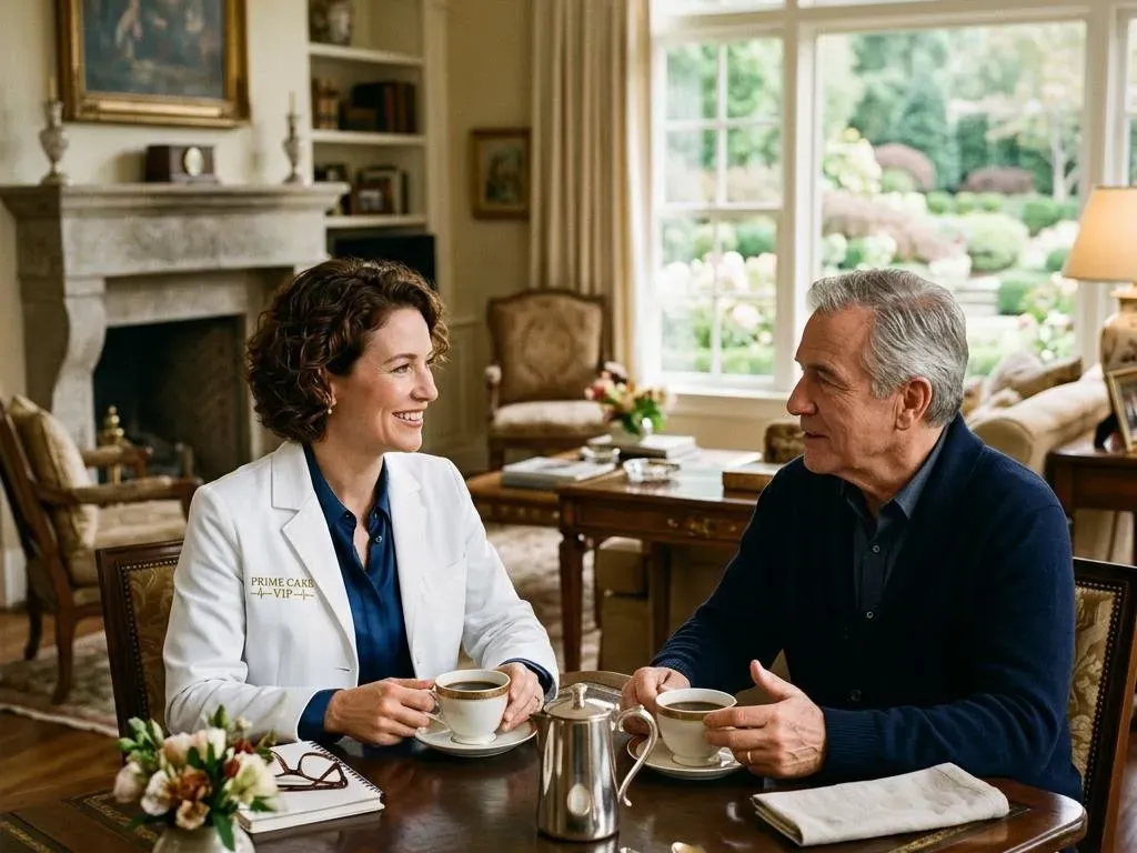 A Prime Care VIP physician in a white coat having an unhurried conversation with a member at home