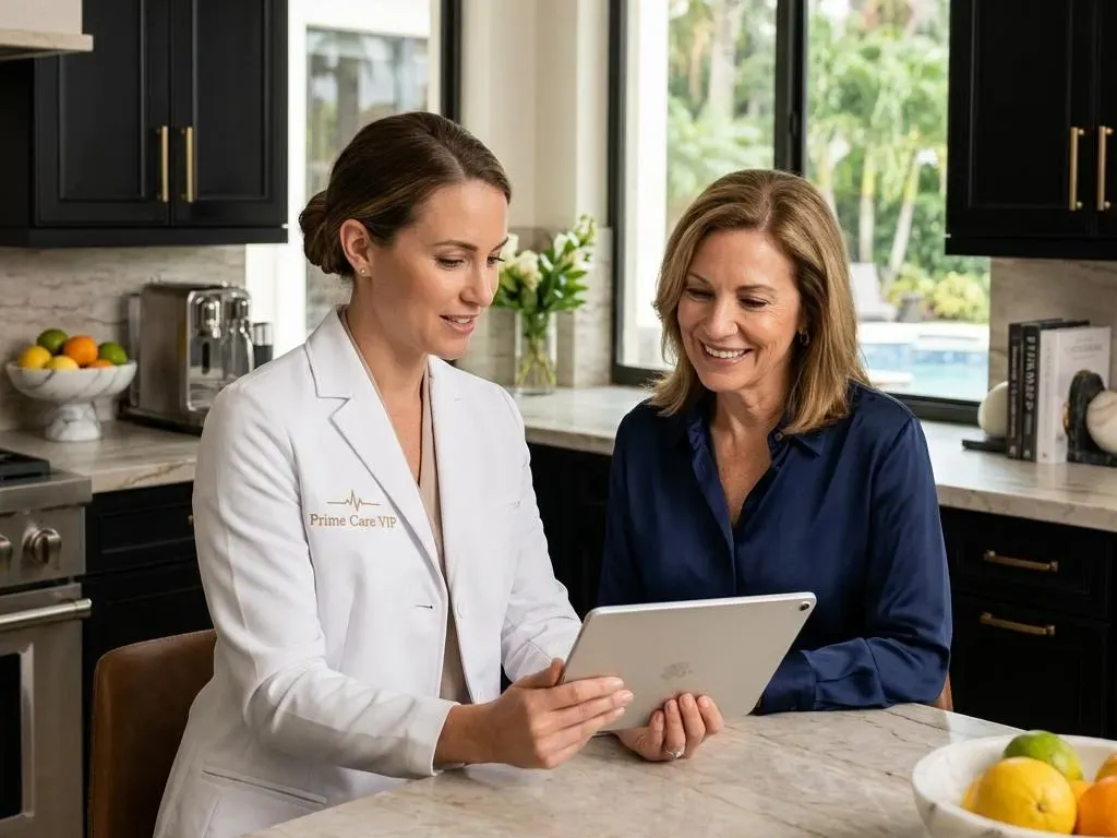 Provider reviewing health documents with a member at home